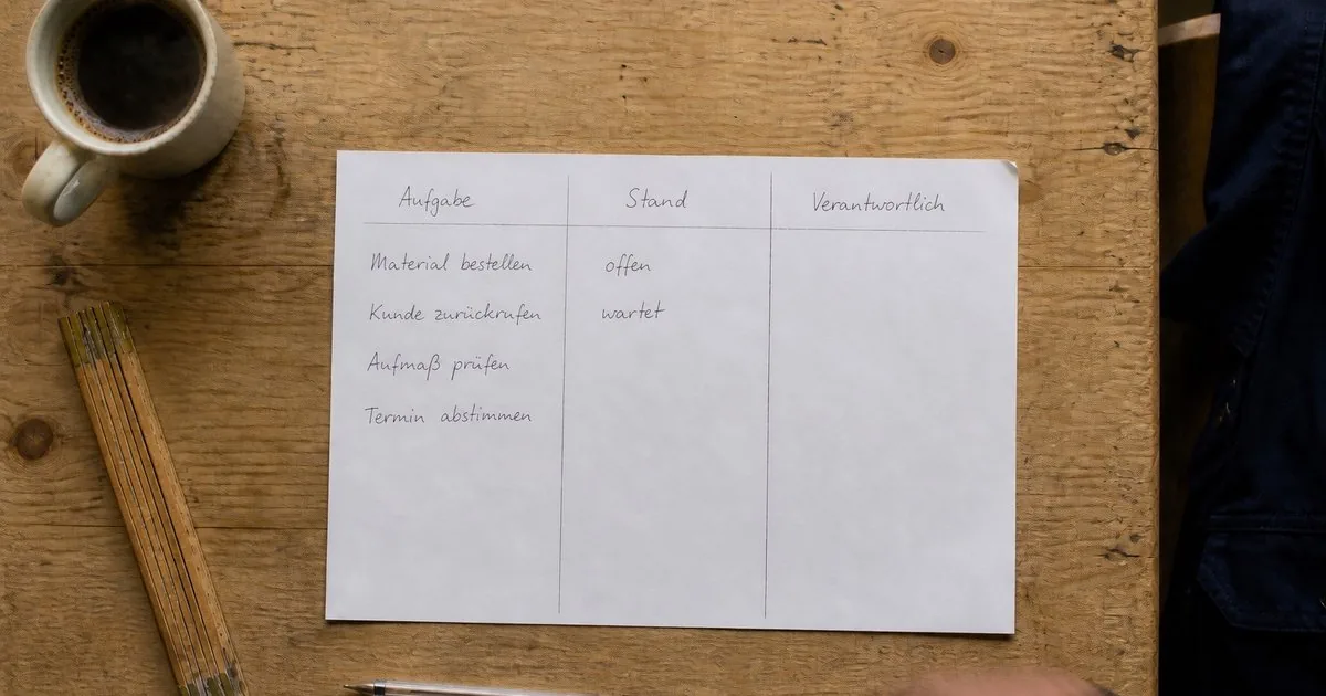 Handgeschriebene Aufgabenliste auf einem Werkstatttisch mit den Spalten Aufgabe, Stand und Verantwortlich. Die Spalte Verantwortlich ist leer.