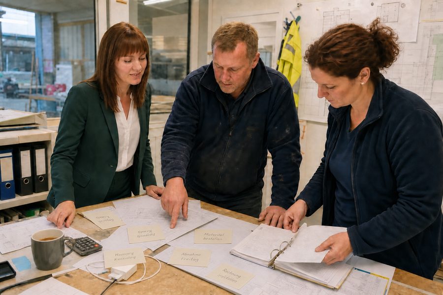 Annika Bartsch ordnet mit zwei Mitarbeitenden Karten und Unterlagen auf einem Tisch im Betrieb