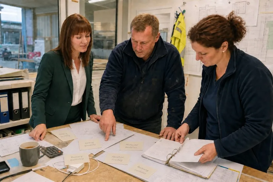 Annika Bartsch ordnet mit zwei Mitarbeitenden Karten und Unterlagen auf einem Tisch im Betrieb
